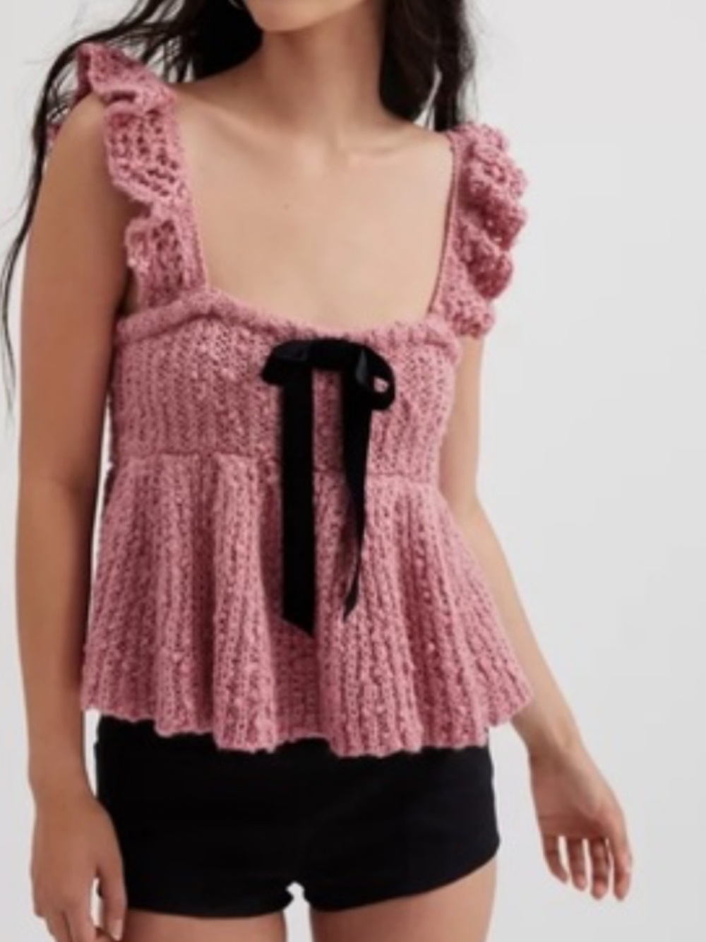 UO Kimchi Blue Pink Bea Ruffle Knit Peplum Cami Tank Top with Velvet Bow Size M